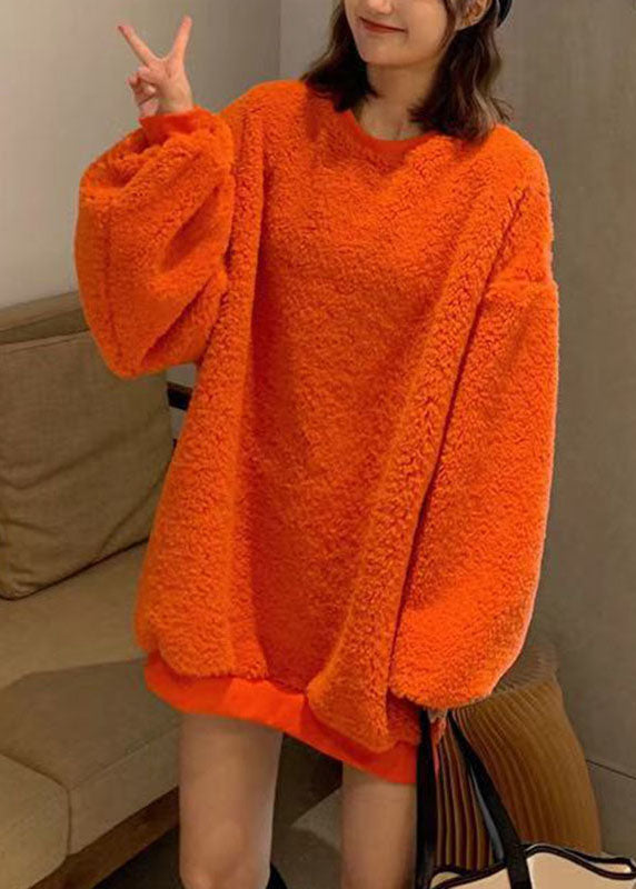 Loose Orange O-neck Thick Teddy Faux Fur Pullover Long Sleeve