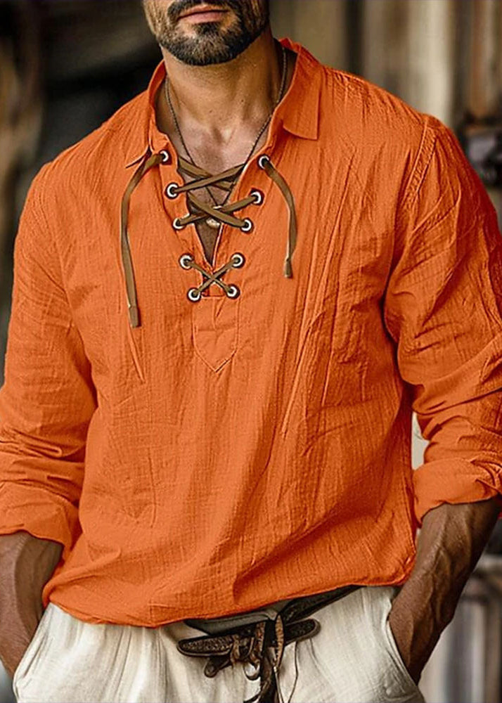Loose Orange Peter Pan Collar Lace Up Cotton Shirt Men Fall
