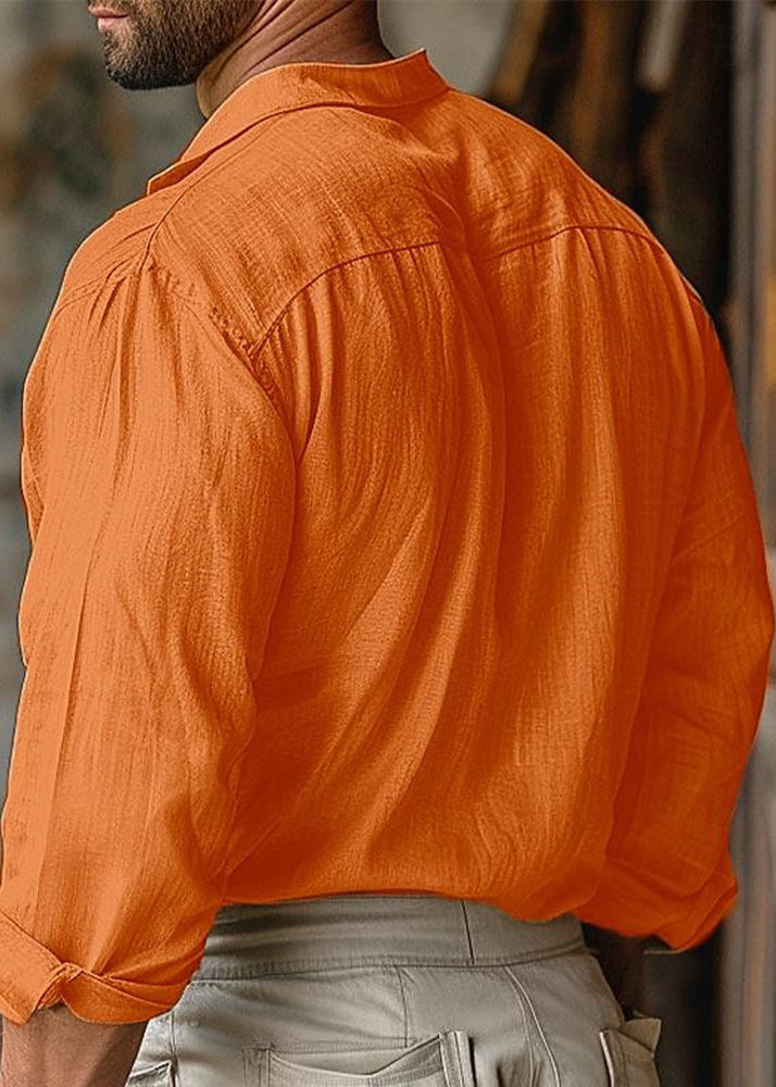 Loose Orange Peter Pan Collar Lace Up Cotton Shirt Men Fall