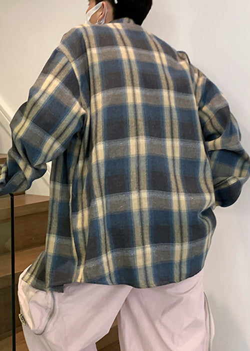 Loose Orange Peter Pan Collar Plaid Cotton Shirt Spring