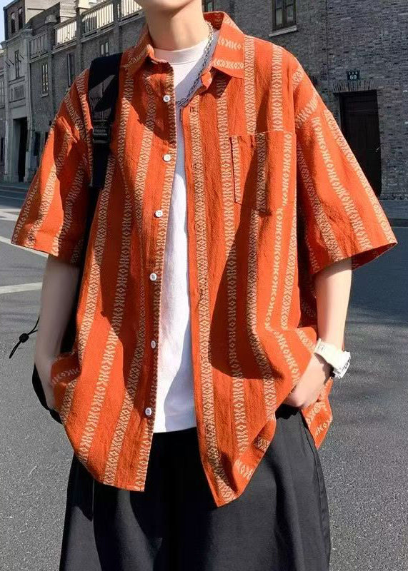 Loose Orange Peter Pan Collar Striped Cotton Shirt Summer