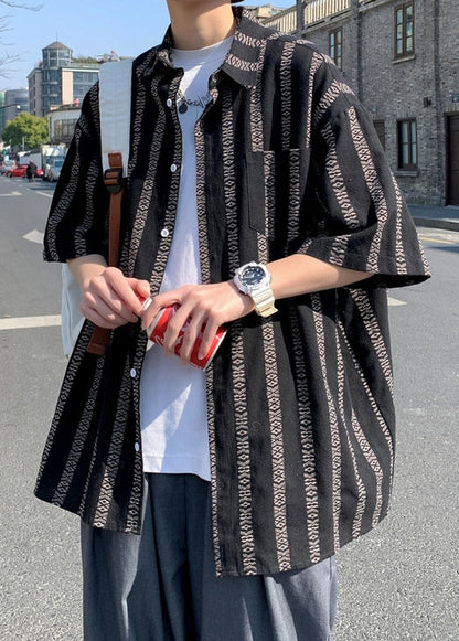 Loose Orange Peter Pan Collar Striped Cotton Shirt Summer