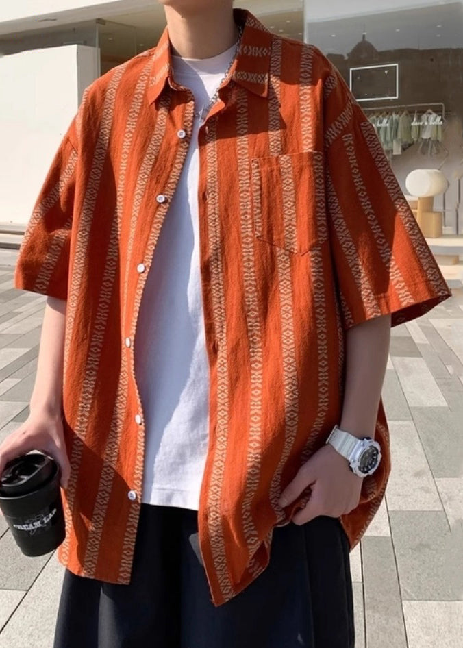 Loose Orange Peter Pan Collar Striped Cotton Shirt Summer