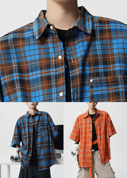 Loose Orange Plaid Pockets Cotton Shirt Summer
