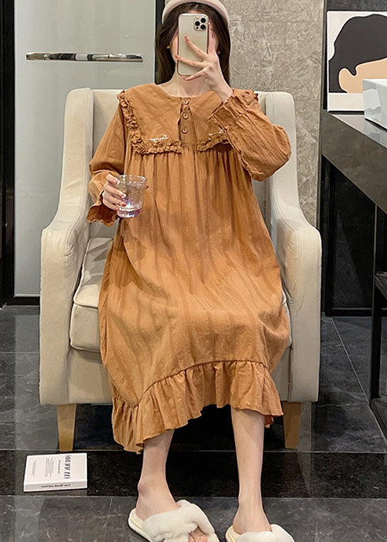 Loose Orange Sailor Collar Patchwork Wrinkled Cotton Maxi Dress Long Sleeve
