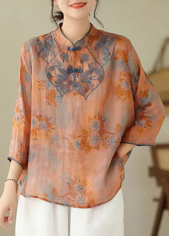 Loose Yellow Flower Stand Collar Embroideried Print Cotton Shirt Bracelet Sleeve