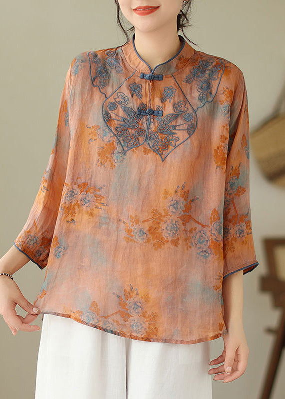 Loose Yellow Flower Stand Collar Embroideried Print Cotton Shirt Bracelet Sleeve
