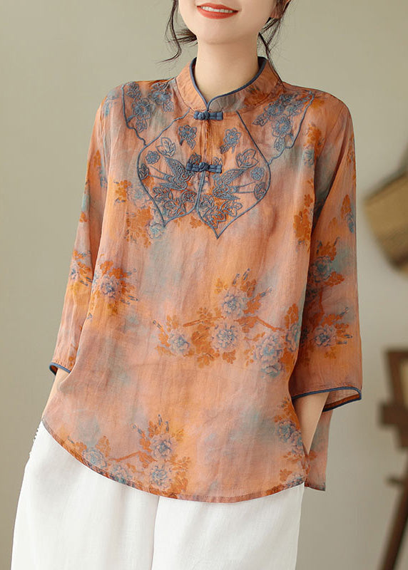 Loose Yellow Flower Stand Collar Embroideried Print Cotton Shirt Bracelet Sleeve