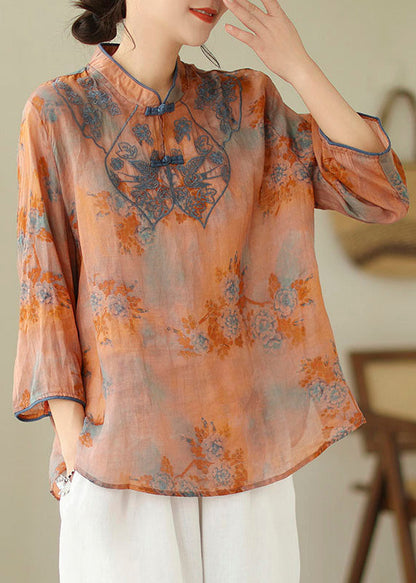 Loose Yellow Chrysanthemum Stand Collar Embroideried Print Cotton Shirt Bracelet Sleeve