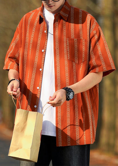 Loose Orange Striped Button Cotton Shirt Half Sleeve
