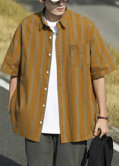 Loose Orange Striped Button Cotton Shirt Half Sleeve