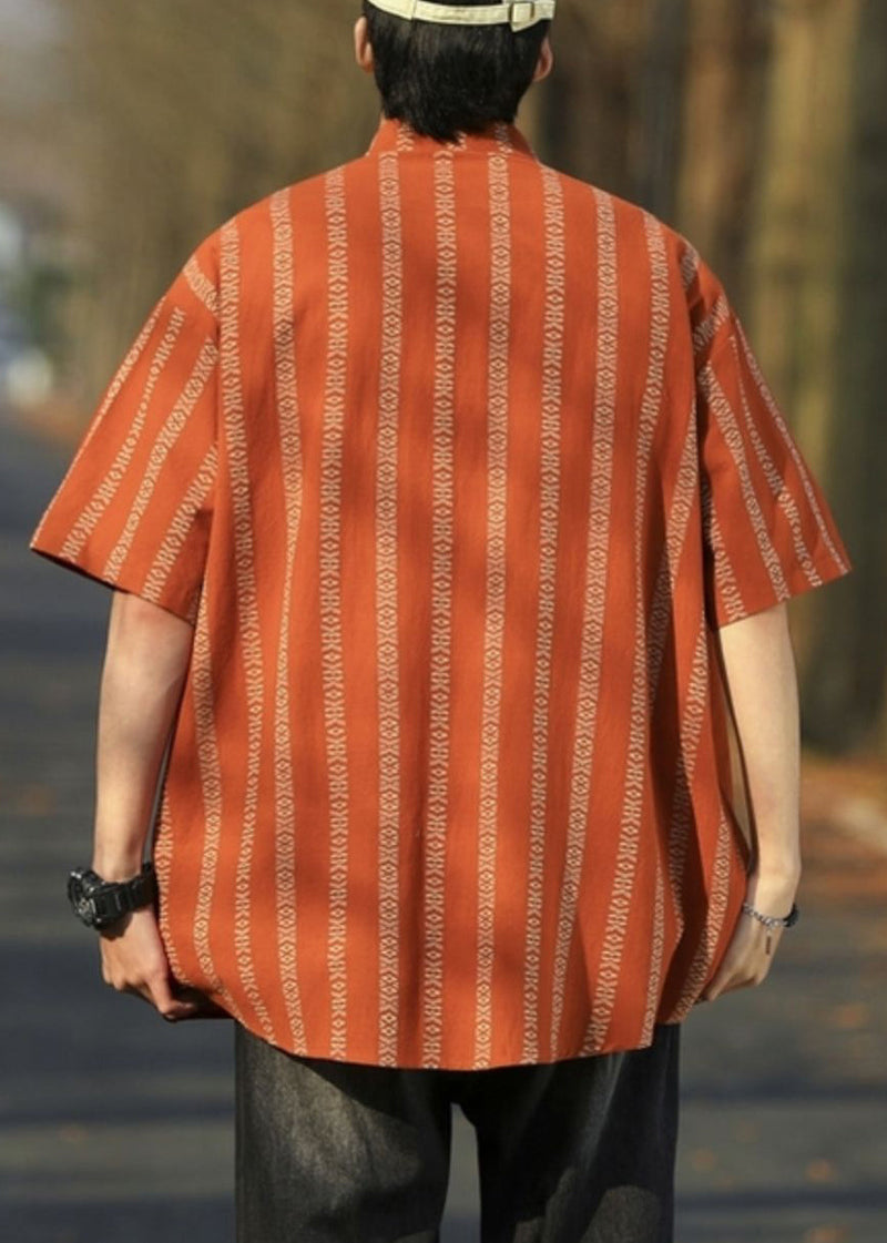 Loose Orange Striped Button Cotton Shirt Half Sleeve