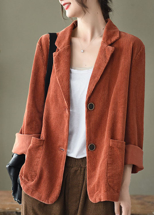 Loose Orange Yellow Button Pockets Peter Pan Collar Corduroy Coat Long Sleeve