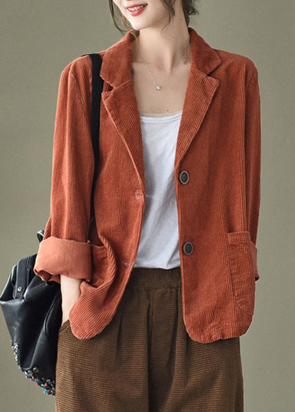 Loose Blue Button Pockets Peter Pan Collar Corduroy Coat Long Sleeve