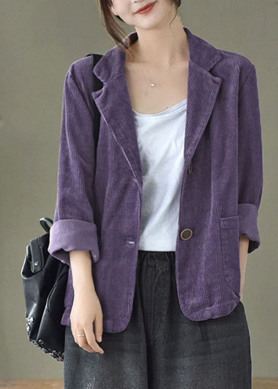 Loose Green Button Pockets Peter Pan Collar Corduroy Coat Long Sleeve