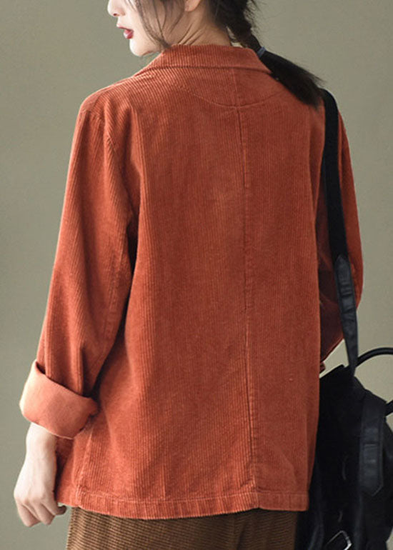 Loose Black Button Pockets Peter Pan Collar Corduroy Coat Long Sleeve