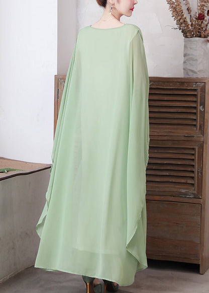 Loose Pea Green O-neck Chiffon Maxi Dresses Spring