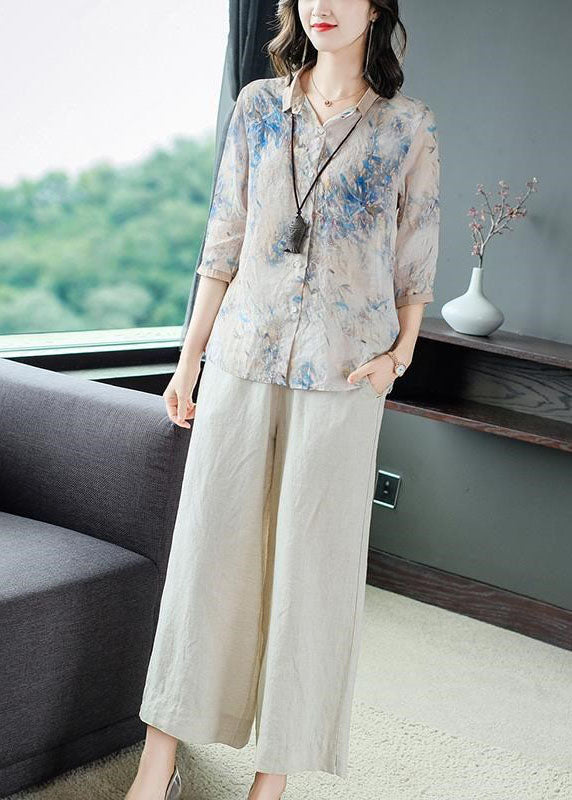 Loose Peter Pan Collar Print Linen Shirt and Wide Leg Pants Two Pieces Set Half Sleeve