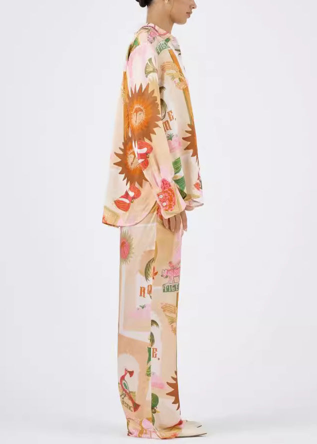 Loose Peter Pan Collar Print Shirts and Pants Cotton Two Pieces Set Spring