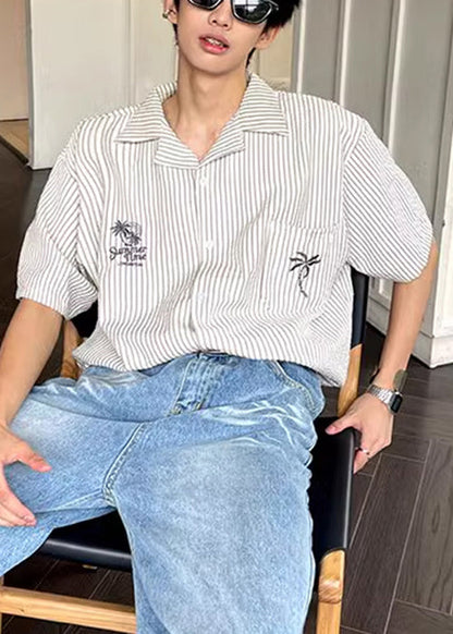 Loose Peter Pan Collar Striped Pockets Cotton Shirts Summer