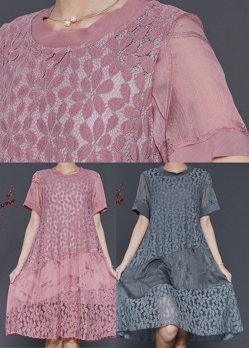 Loose Pink Embroidered Patchwork Lace Dress Summer