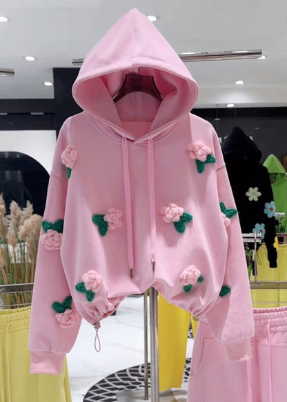Loose Pink Hooded Floral Drawstring Cotton Pullover Sweatshirt Spring