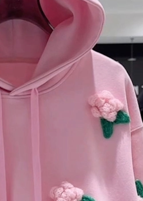 Loose Pink Hooded Drawstring Cotton Pullover Sweatshirt Spring
