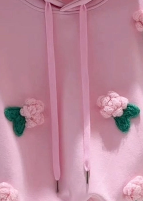 Loose Pink Hooded Drawstring Cotton Pullover Sweatshirt Spring