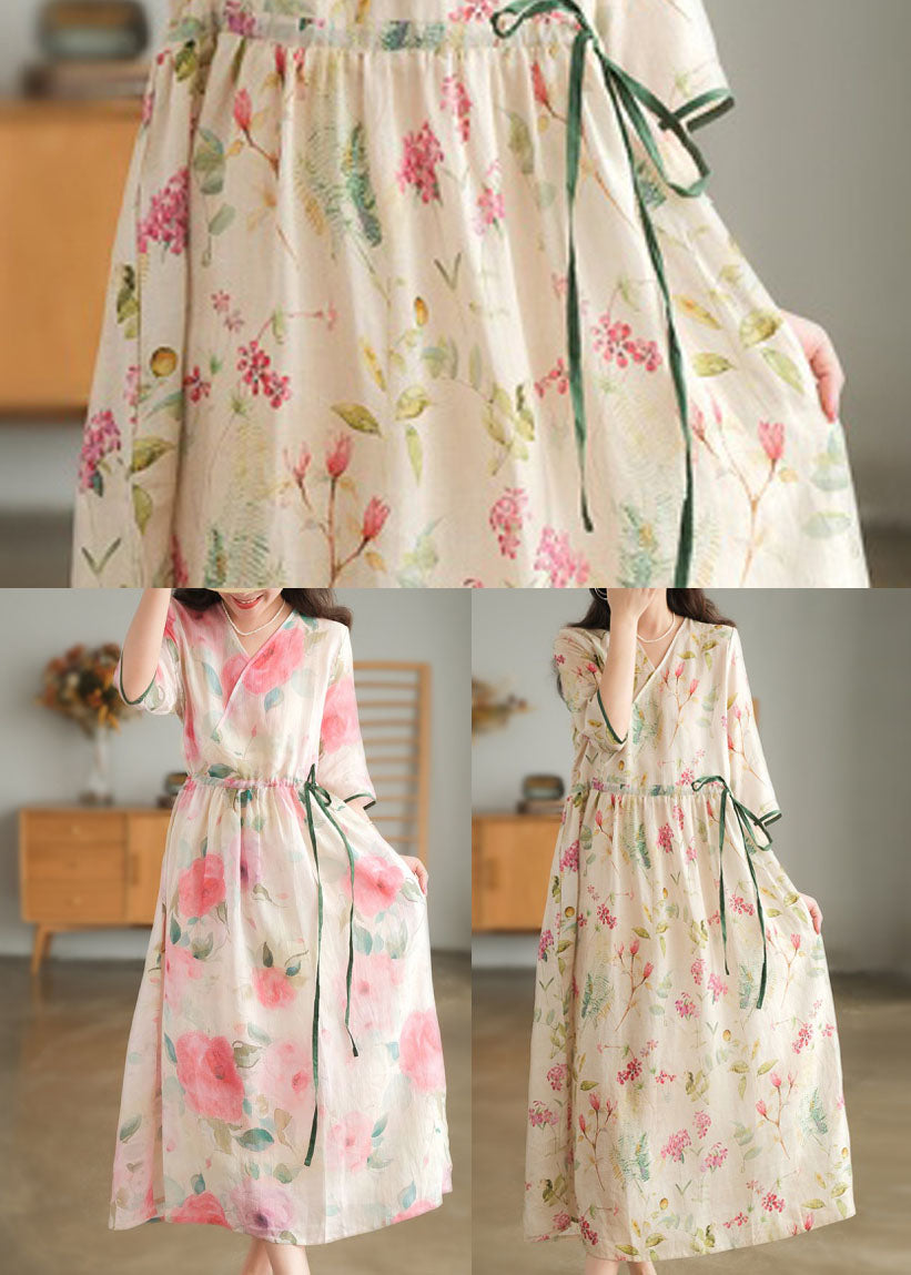 Loose Pink O-neck Print Pocket Linen Long Dress Short Sleeve