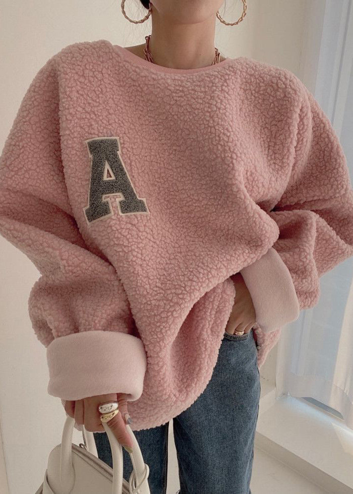 Loose Pink O Neck Letter Teddy Pullover Streetwear Winter