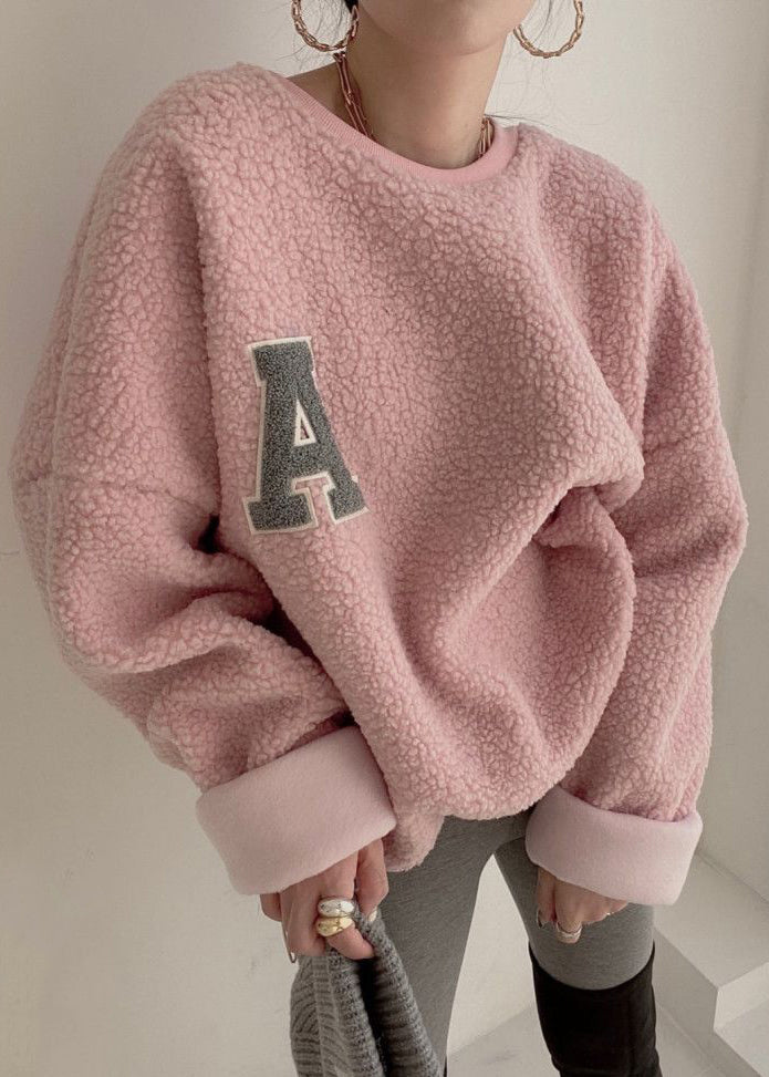 Loose Pink O Neck Letter Teddy Pullover Winter