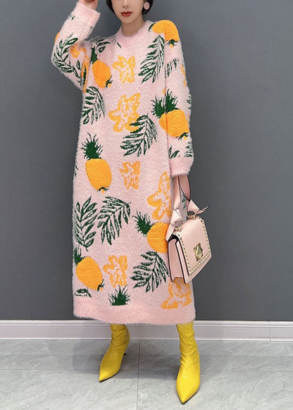 Loose Pink O-neck Oversized Print Mink Hair Knitted Long Knit Dress Winter