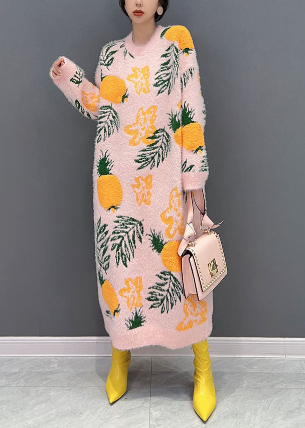 Loose Pink O-neck Oversized Print Mink Hair Knitted Long Knit Dress Winter
