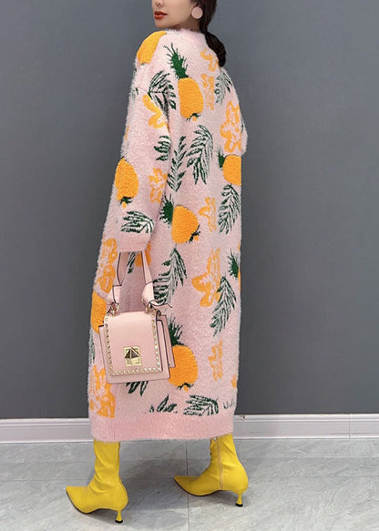 Loose Pink O-neck Oversized Print Mink Hair Knitted Long Knit Dress Winter