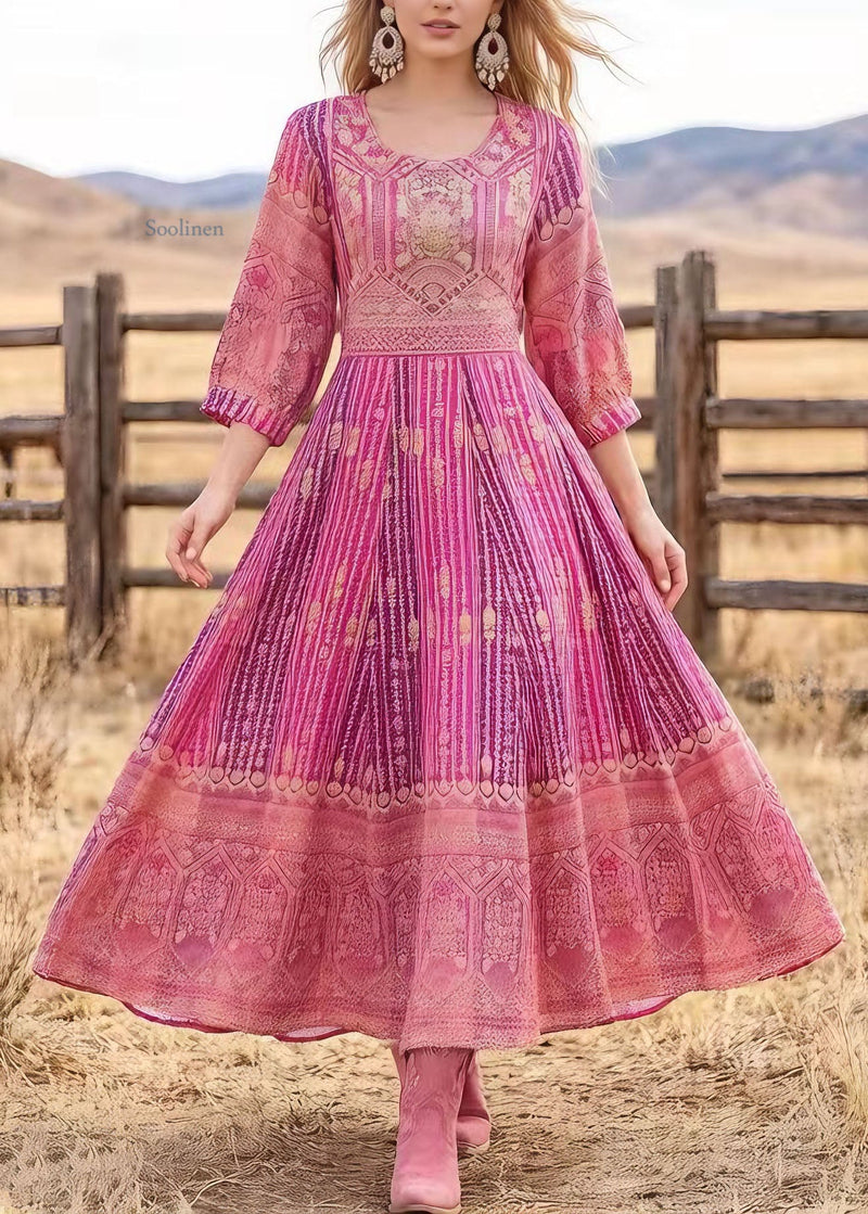 Loose Pink O Neck Print Cotton Maxi Dresses Summer