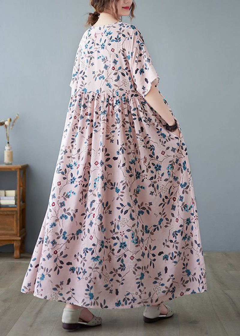 Loose Pink O-neck Print Exra Large Hem Cotton Dress Summer