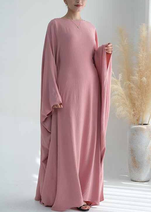 Loose Pink O Neck Ice Silk Maxi Dresses Batwing Sleeve