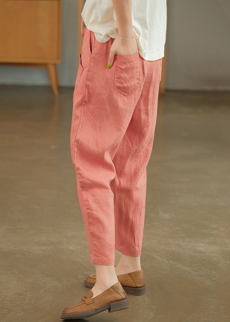 Loose Pink Pockets Linen Crop Pants Summer