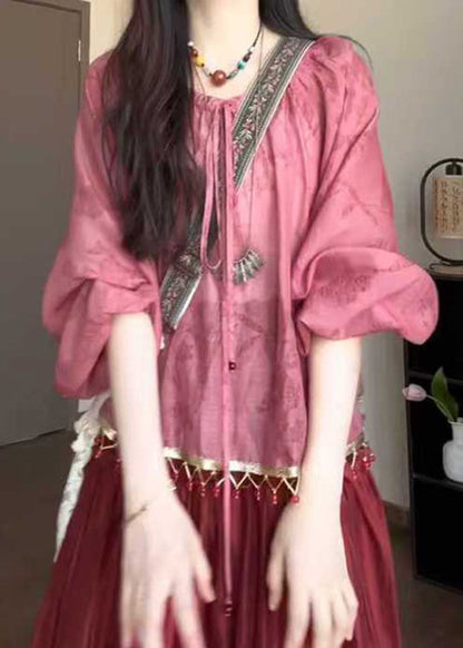 Loose Pink Tasseled Lace Up Cotton Shirt Fall