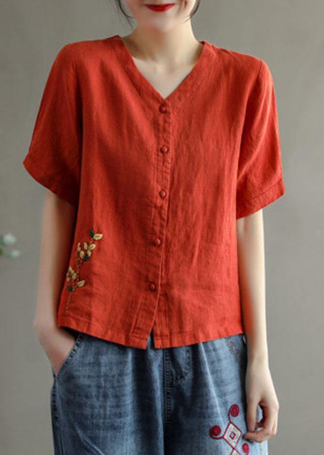 Loose Pink V Neck Embroidered Summer Cotton Blend Shirt