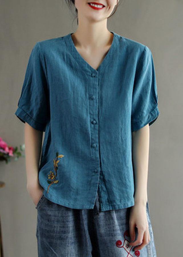 Loose Pink V Neck Embroidered Summer Cotton Blend Shirt