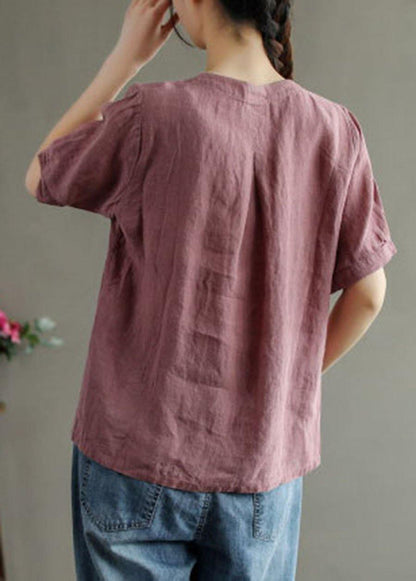 Loose Pink V Neck Embroidered Summer Cotton Blend Shirt