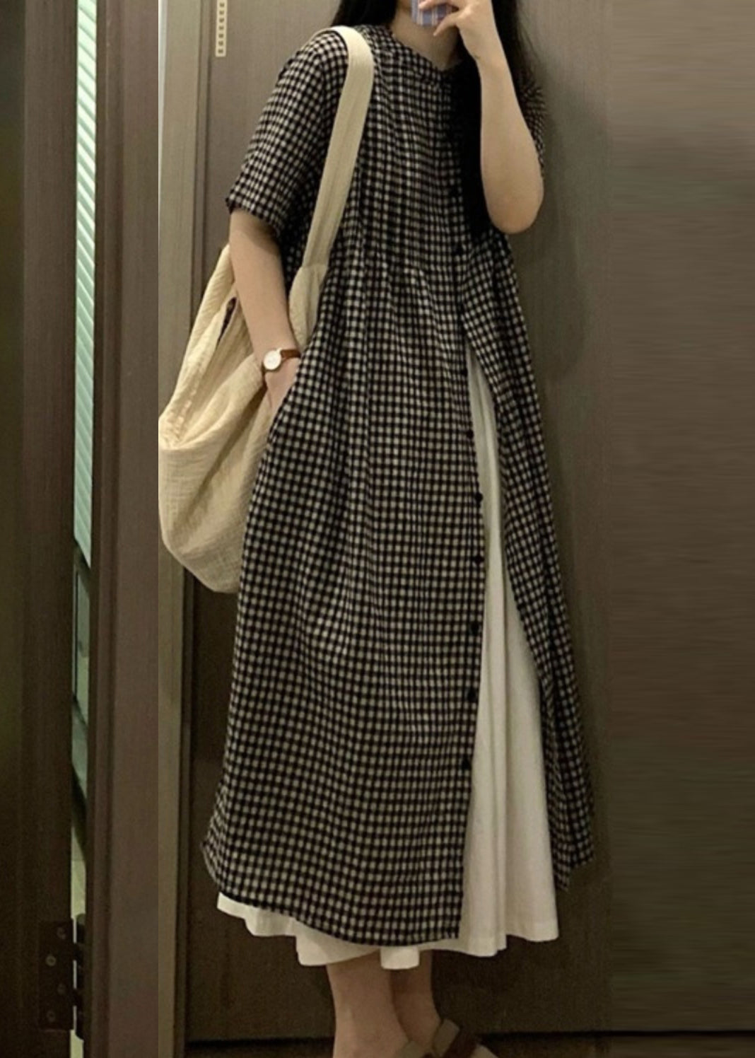Loose Plaid O-neck Button Long Smock Short Sleeve
