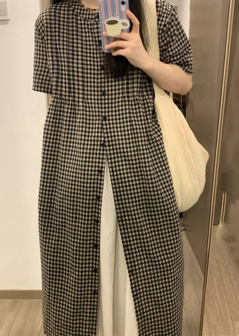Loose Plaid O-neck Button Long Smock Short Sleeve