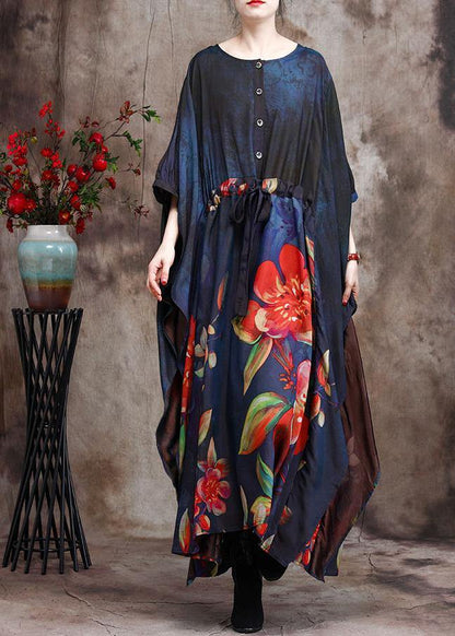 Loose Print Silk Dress Tie Waist Maxi Dress
