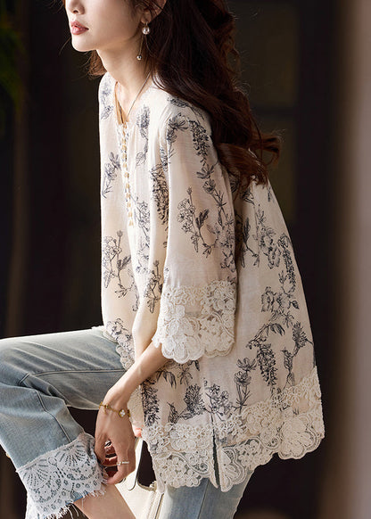 Loose Print Side Open Lace Patchwork Cotton Blouses Bracelet Sleeve