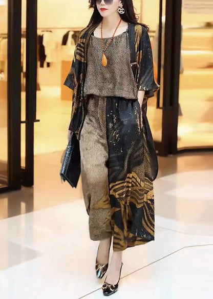 Loose Print Silk Cardigans Top and Wide Leg Pants Three Pieces Set Summer