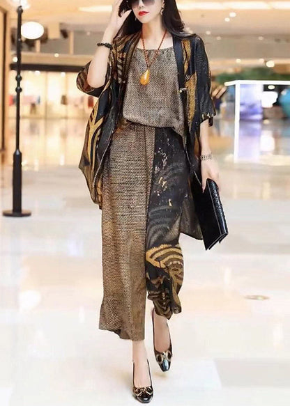 Loose Print Silk Cardigans Top and Wide Leg Pants Three Pieces Set Summer