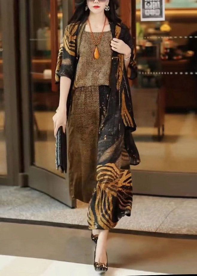 Loose Print Silk Cardigans Top and Wide Leg Pants Three Pieces Set Summer