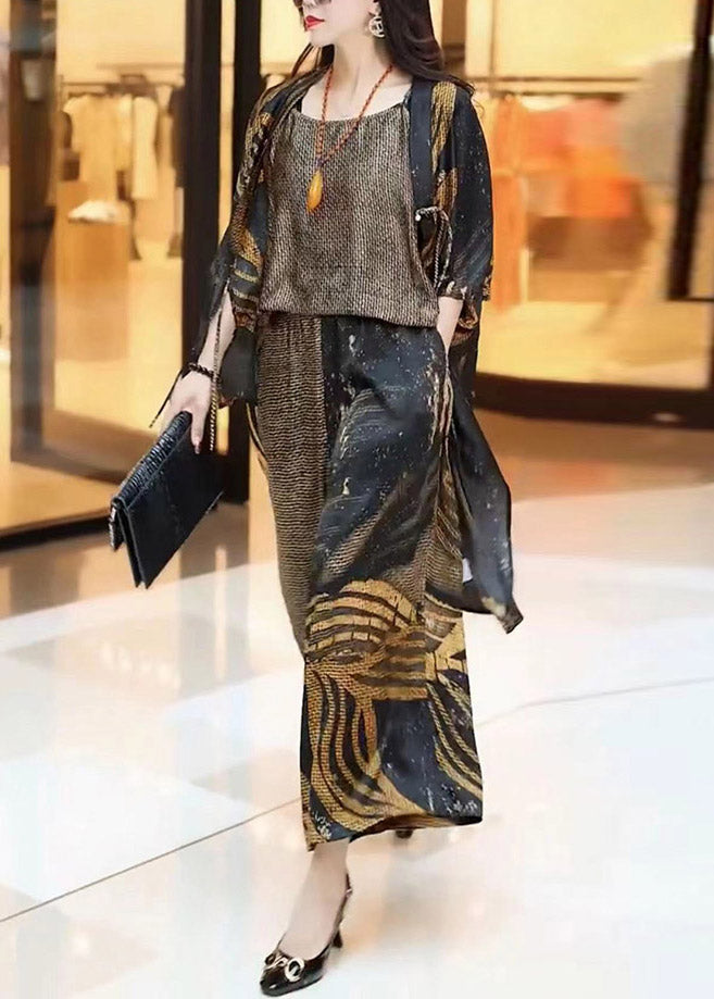 Loose Print Silk Cardigans Top and Wide Leg Pants Three Pieces Set Summer